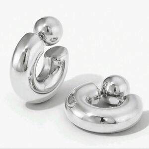 NEW! Silver Plated Two Sided Minimalist Tube Ball Open Hoop Earrings